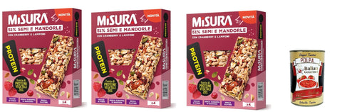 Italian Gourmet Snack Kuchen & Backwaren Misura Protein Bar, mit Kernen, Mandeln, Preiselbeeren und Himbeeren, 3x 120g, Reich an Ballaststoffen und Gemüseproteinen + Italian Gourmet polpa 400g 8032804040014