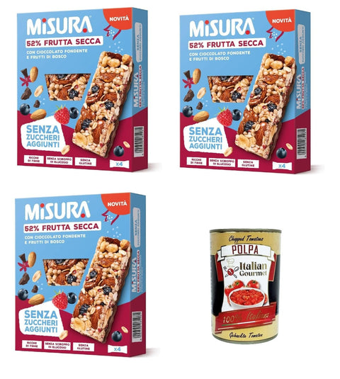 Italian Gourmet Snack Kuchen & Backwaren Misura Protein Bar, mit Trockenfrüchten, dunkler Schokolade und Beeren, Ohne Zuckerzusatz, 3x 120g, Reich an Ballaststoffen und Gemüseproteinen + Italian Gourmet polpa 400g 8032804040014