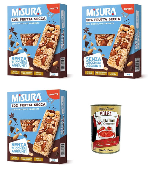 Italian Gourmet Snack Kuchen & Backwaren Misura Protein Bar, mit Trockenfrüchten und dunkler Schokolade, Ohne Zuckerzusatz, 3x 120g, Reich an Ballaststoffen und Gemüseproteinen + Italian Gourmet polpa 400g 8032804040014