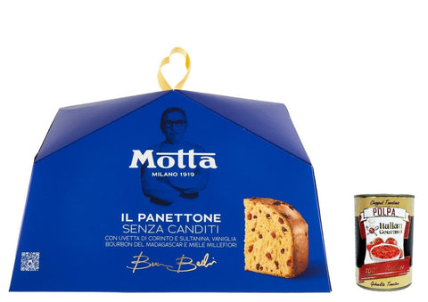 Italian Gourmet Snack Kuchen & Backwaren Motta il Panettone Senza Canditi, Weihnachtskuchen mit Rosinen aus Korinth und Sultanin, Madagaskars Bourbon -Vanille und Millerifiori Honig. 1 kg + Italian Gourmet polpa 400g 8032804040014