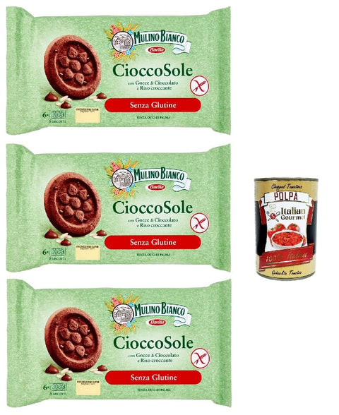Italian Gourmet Snack Kuchen & Backwaren Mulino Bianco Biscotti Cioccosole, kekse mit Reis und Schokoladenchips, Gluten -freie , ideal zum Frühstück oder Snacks, biscuits ohne Palmöl, gluten free 3x 250 g + Italian Gourmet polpa 400g 8032804040014