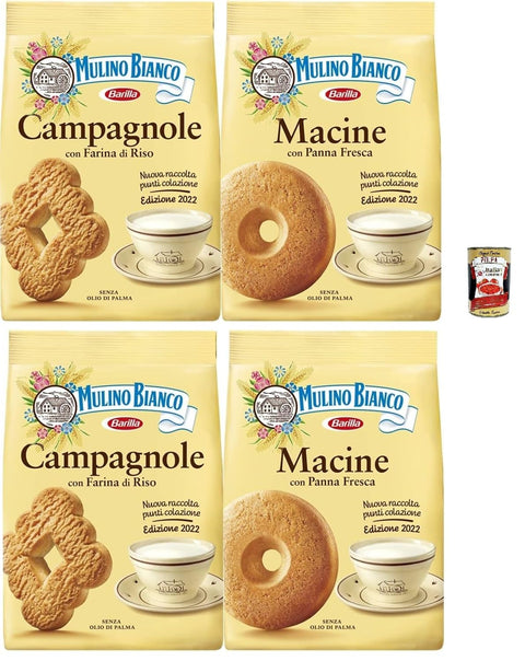 Italian Gourmet Snack Kuchen & Backwaren Mulino Bianco Biscotti Frollini Campagnole, Frühstück voller Geschmack, 2x 700g & Biscotti Frollini Macine Kekse mit frischer Sahne, Frühstück voller Geschmack, 2x 800g + Italian Gourmet polpa 400g 8032804040014