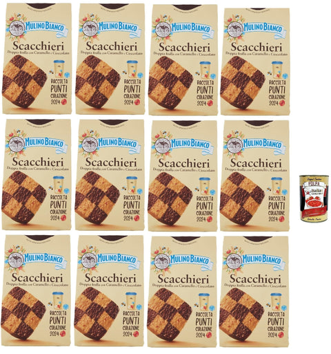 Italian Gourmet Snack Kuchen & Backwaren Mulino Bianco Biscotti Scacchieri Frolla con Caramello e Cioccolato, Kekse mit Karamell und Schokolade, biscuits cookies, 12x 300g + Italian Gourmet polpa 400g 8032804040014