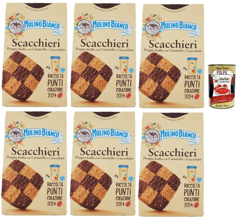 Italian Gourmet Snack Kuchen & Backwaren Mulino Bianco Biscotti Scacchieri Frolla con Caramello e Cioccolato, Kekse mit Karamell und Schokolade, biscuits cookies, 6x 300g + Italian Gourmet polpa 400g 8032804040014