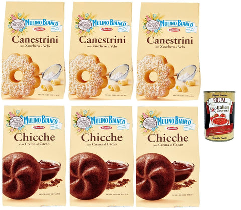 Italian Gourmet Snack Kuchen & Backwaren Mulino Bianco Canestrini Chicche al cacao Testpaket Biscotti Con Zucchero A Velo, Kekse mit Zucker mit Eiszeit und Kekse mit Kakao, cookies biscuits, 6x 200g + Italian Gourmet polpa 400g 8032804040014