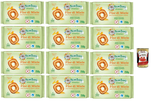 Italian Gourmet Snack Kuchen & Backwaren Mulino Bianco Fior di Miele Biscotti Frollini, Kekse mit Millefiori Honig, gluten free biscuits mit Maismehl, Laktose -freier, Gluten und Palmöl, Mulino Armonia, 12x 250g + Italian Gourmet polpa 400g 8032804040014