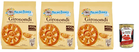 Italian Gourmet Snack Kuchen & Backwaren Mulino Bianco Girotondi Biscotti con Granelli di Zucchero di Canna, Kekse mit Zuckerzuckerkörnern, Ohne Palmöl, Frühstück voller Geschmack, buscits cookies 3x 800 g + Italian Gourmet polpa 400 g 8032804040014