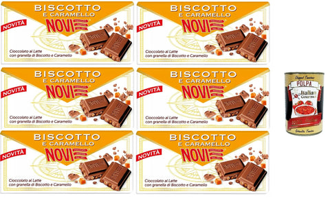 Italian Gourmet Snack Kuchen & Backwaren Novi Tavoletta al Latte con Biscotto e Caramello, Milchschokoladen -Riegelmit Keks und Karamell, chocolate bar 6x 100g + Italian Gourmet polpa 400g 8032804040014