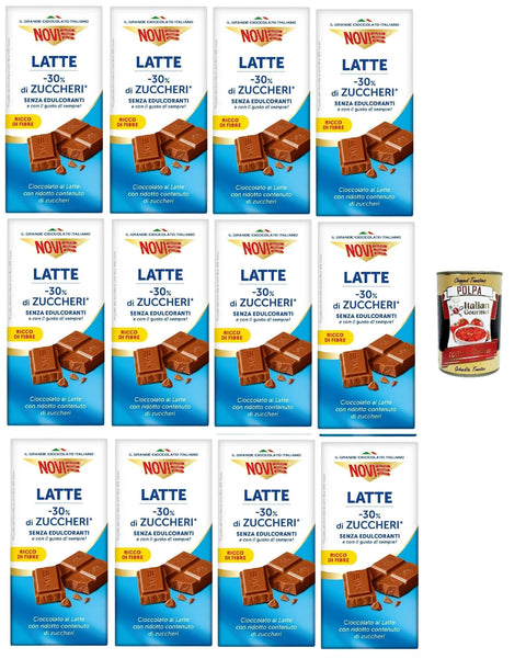 Italian Gourmet Snack Kuchen & Backwaren Novi Tavoletta di cioccolato al Latte con -30% di zuccheri, Milchschokoladen -Riegel mit -30% Zucker, chocolate bar 12x 100g + Italian Gourmet polpa 400g 8032804040014