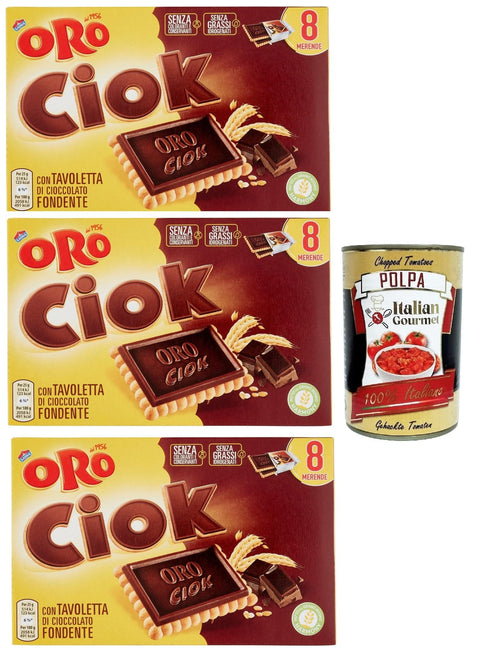 Italian Gourmet Snack Kuchen & Backwaren Oro Ciok Biscotto fondente, Kekse Mit dunkler Schokoladentafel, einfacher und köstlicher Snack, natürliche Faserquelle, 3x 200 g + Italian Gourmet polpa 400g 8032804040014