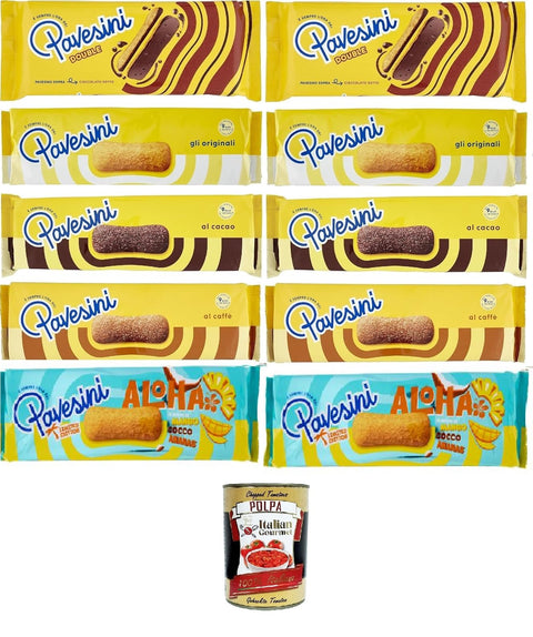Italian Gourmet Snack Kuchen & Backwaren Pavesi Pavesini Testpaket, Snack Croccante Classico, Cioccolato, caffe', double, Aloha,Knuspriger Snack mit dunkler Schokolade, leichter Snack,10 Stücke + Italian Gourmet polpa 400g 8032804040014