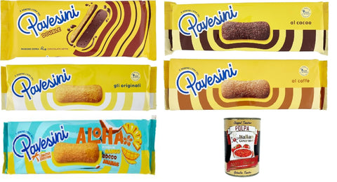 Italian Gourmet Snack Kuchen & Backwaren Pavesi Pavesini Testpaket, Snack Croccante Classico, Cioccolato, caffe', double,Aloha Knuspriger Snack mit dunkler Schokolade, leichter Snack,5 Stücke + Italian Gourmet polpa 400g