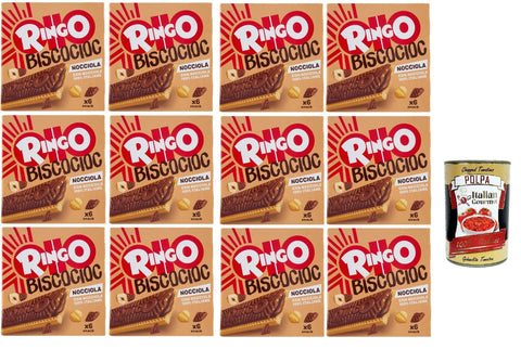 Italian Gourmet Snack Kuchen & Backwaren Pavesi Ringo Bisco Cioc Nocciole, Mit Sahne gefüllter Keks mit 100 % italienischen Haselnüssen und Schokoladenüberzug für einen süßen und leckeren Snack, 12x 162g + Italian Gourmet polpa 400g 8032804040014