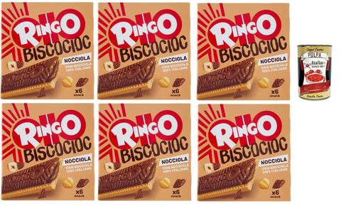 Italian Gourmet Snack Kuchen & Backwaren Pavesi Ringo Bisco Cioc Nocciole, Mit Sahne gefüllter Keks mit 100 % italienischen Haselnüssen und Schokoladenüberzug für einen süßen und leckeren Snack, 6x 162g + Italian Gourmet polpa 400g 8032804040014
