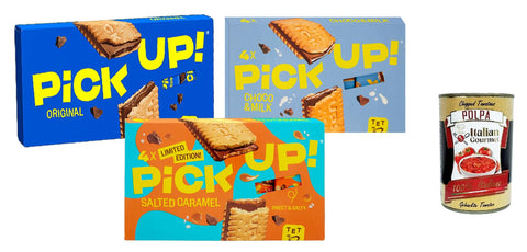 Italian Gourmet Snack Kuchen & Backwaren Pick Up Testpaket ,Milchschokoladentafel im Doppelkeks, 3x 112g Packung, Jede Packung enthält 4 Kekse à 28g + Italian Gourmet Polpa di Pomodoro 400g Dose 8032804040014