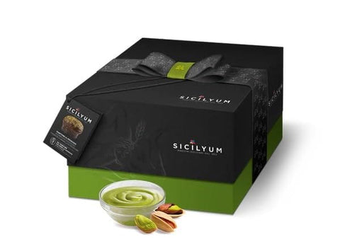 Italian Gourmet Snack Kuchen & Backwaren Sicilyum Artisan Panettone mit Pistaziencreme – Mit Zartbitter-Schokolade – Langsame Gärung mit Sauerteig 1Kg