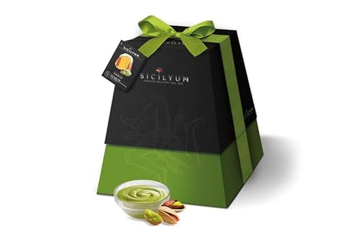 Italian Gourmet Snack Kuchen & Backwaren Sicilyum Pandoro mit Pistaziencreme aus Sizilien – – Inklusive Pistaziencreme im Spritbeutel – 800g Pandoro + 200g Pistaziencreme