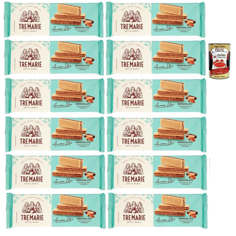 Tre Marie Ancora Uno Wafer Mandorlato Waffeln gefüllt mit Milchschokolade Creme und gehackten Mandeln 12x140 g italienisch Original Kekse + kostenlos polpa 400 g