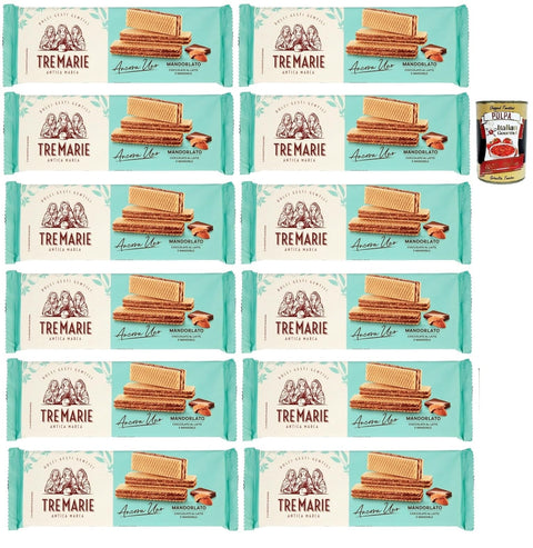 Italian Gourmet Snack Kuchen & Backwaren Tre Marie Ancora Uno Wafer Mandorlato Waffeln gefüllt mit Milchschokolade Creme und gehackten Mandeln 12x 140g + Italian gourmet polpa 400g 8032804040014