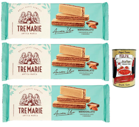 Italian Gourmet Snack Kuchen & Backwaren Tre Marie Ancora Uno Wafer Mandorlato Waffeln gefüllt mit Milchschokolade Creme und gehackten Mandeln 3x 140g + Italian gourmet polpa 400g 8032804040014