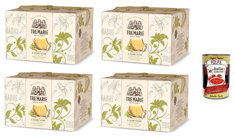 Italian Gourmet Snack Kuchen & Backwaren Tre marie Panettone al Pistacchio Weihnachtskuchen mit Pistazien und Zuckerweichteig mit Pistazienwürfeln 4x 950 g + Italian Gourmet polpa 400g 8032804040014