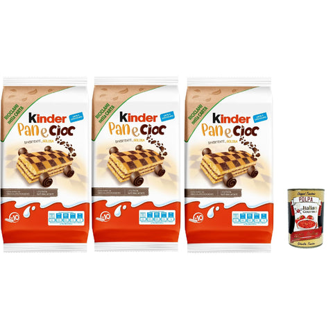 Kinder Pan e Cioc 10 Schwammkuchen mit knusprigen Schokoladenflocken ausgezeichnet zum Frühstück und 3x290 g italienisch Original Pastasauce + kostenlos polpa 400