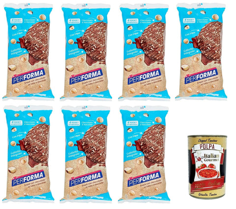 Italian Gourmet Snacks Performa brauner Reissnack mit Milchschokolade und braune Reiskuchen mit Haselnüssen in einer Packung mit 4 frischen Beuteln mit je 2 Keksen à 7x142g+ Italian Gourmet polpa 400g 8050705420230