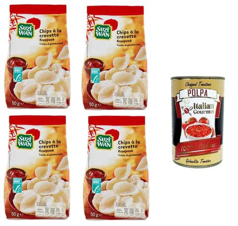Italian Gourmet Snacks Suzi Wan Cialde di gamberetti Shrimp Waffles, Knusprige Waffeln aus Tapiokamehl und Garnelen 4x 50 g+ Italian Gourmet polpa 400g 8032804040014