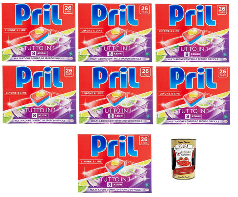 Italian Gourmet Spülmaschinenreinigung Pril All-in-1 Zitrone & Limette Vollwaschmittel Tabs Spülmaschinentabs Vollwaschmittel bereits bei 40°, 8 Aktionen, 7x 26 Tabs + Italian Gourmet polpa 400g