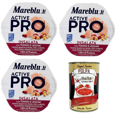 Mareblu Active Pro Insalata Con Tonno E Legumi Pro Salat mit Thunfisch und Hülsenfrüchten 3x220 g italienisch Original Pastasauce + gratis polpa 400 g