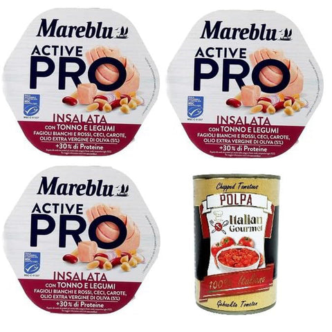 Mareblu Active Pro Insalata Con Tonno E Legumi Pro Salat mit Thunfisch und Hülsenfrüchten 3x220 g italienisch Original Pastasauce + kostenlos polpa 400 g