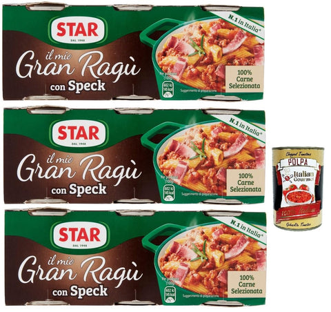 Italian Gourmet Tomatensauce Star il mio Gran Ragù con geräucherter Schinken, mit 100% italienischem Fleisch, N.1 in Italien, 3x Packung mit 3 Dosen à 100g + Italian Gourmet polpa 400gr 8032804040014