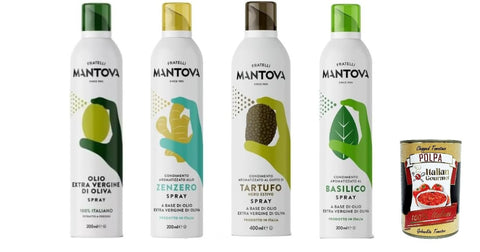 Mantova Ölspray Set mit italienischem Geschmack, natives Olivenöl, Ingwer, Trüffel, Basilikum, 4 x 200 ml italienisch Original