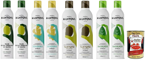 Mantova Ölspray Set mit italienischem Geschmack, natives Olivenöl, Ingwer, Trüffel, Basilikum, 8 x 200 ml italienisch Original
