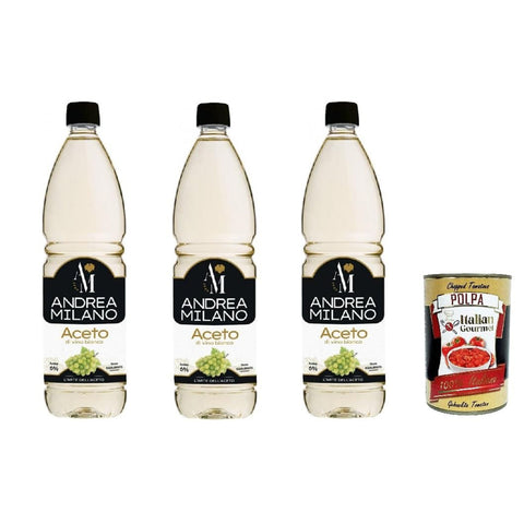 Andrea Milano Weißweinessig, ideal zum Kombinieren mit rohem Gemüse, hervorragend zum Marinieren und Saucen, ausgeglichener Geschmack, 6% Säure, 3x 1LT Original italienisch inkl. Italian Gourmet Polpa 400g