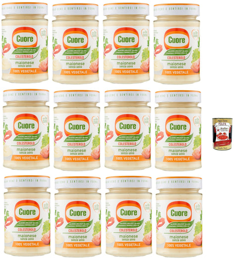 Italian Gourmet Würzsaucen Cuore, Maionese Vegetale, Gemüse Mayonnaise, ohne Eier, 12x 180g Glas, mit pflanzlichen Proteinen, mit Linolsäure und Vitaminen und B6 + Italian Gourmet polpa 400g 8032804040014