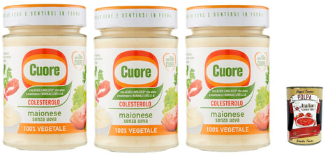 Italian Gourmet Würzsaucen Cuore, Maionese Vegetale, Gemüse Mayonnaise, ohne Eier, 3x 180g Glas, mit pflanzlichen Proteinen, mit Linolsäure und Vitaminen und B6 + Italian Gourmet polpa 400g 8032804040014