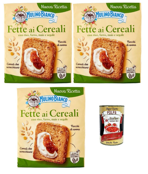 Italian Gourmet Zwieback Mulino Bianco Fette biscottate ai cereali 3x 315g Getreide Zwieback, Frühstückskekse, Zwieback kekse gebackenem Brot + Italian Gourmet polpa 400g 8032804040014