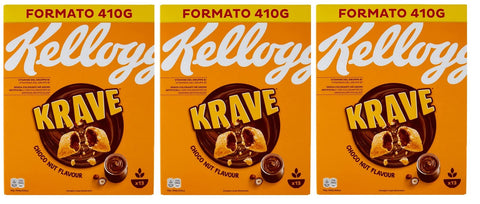 Kellogg's Kaltes Müsli 3x Kellogg's Krave Choco Nut Gemischte Cerealien Bündel mit Schokoladenfüllung mit Haselnuss Geschmack und Vitaminzusatz 410g Packung 5059319002323