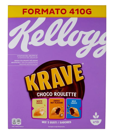 Kellogg's Kaltes Müsli 3x Kellogg's Krave Choco Roulette Cerealien Weizen-, Hafer- und Reisbündel mit Milchschokoladenfüllung 410g 5053827135313
