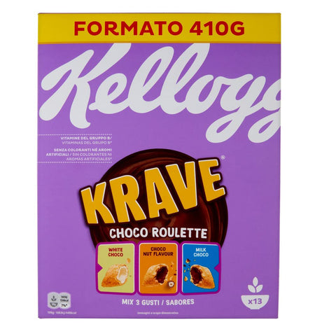 Kellogg's Krave Choco Roulette Cerealien Weizen -, Hafer - und Reisbündel mit Milchschokoladenfüllung 3x 410g Original italienisch