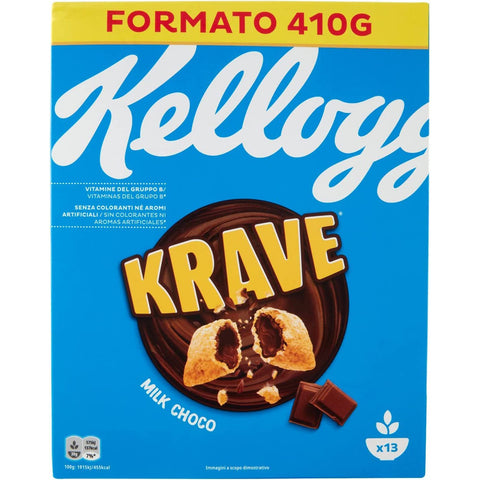 Kellogg's Krave Milk Choco Flavour Cerealien Weizen-, Hafer- und Reisbündel mit Milchschokoladenfüllung 410g 3x Original italienisch