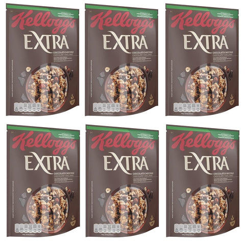 Kellogg's Extra Cioccolato e Nocciole Knusprige Haferflocken mit Schokolade und Haselnüssen 100% Vollkorn - Packung 6x 375g Original italienisch