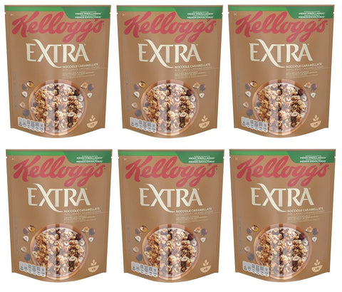 Kellogg's Kaltes Müsli 6x Kellogg's Extra Nocciole Caramellate Knusprige Haferflocken mit Karamellisierte Haselnüsse 100% Vollkorn 375g-Packung 5053827182362
