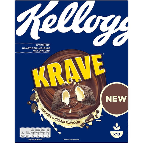 Kellogg's Krave Cookies & Cream Flavour Knusprige Kakao-Cerealien gefüllt mit Creme 6x Original italienisch
