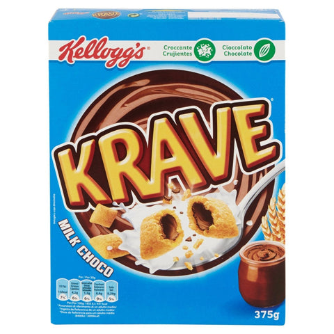 Kellogg's Kaltes Müsli 6x Kellogg's Krave Milk Choco Flavour Cerealien Weizen-, Hafer- und Reisbündel mit Milchschokoladenfüllung 410g 5050083919916