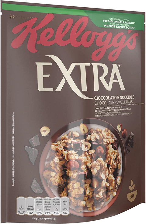 Kellogg's Kaltes Müsli Kellogg's Extra Cioccolato e Nocciole Knusprige Haferflocken mit Schokolade und Haselnüssen 100% Vollkorn 375g-Packung 5053827139229