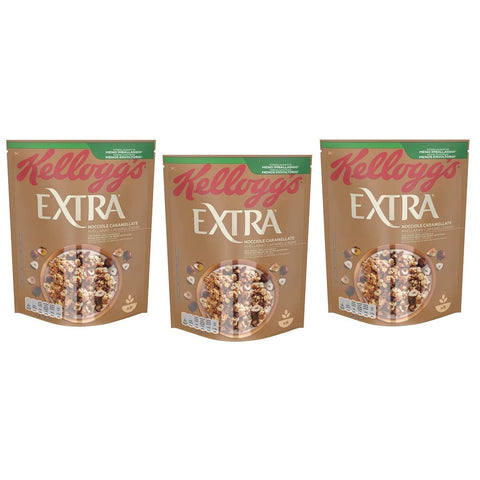Kellogg's Kaltes Müsli Kellogg's Extra Nocciole Caramellate Knusprige Haferflocken mit Karamellisierte Haselnüsse 100% Vollkorn 375g-Packung 3x Original italienisch 5053827182362