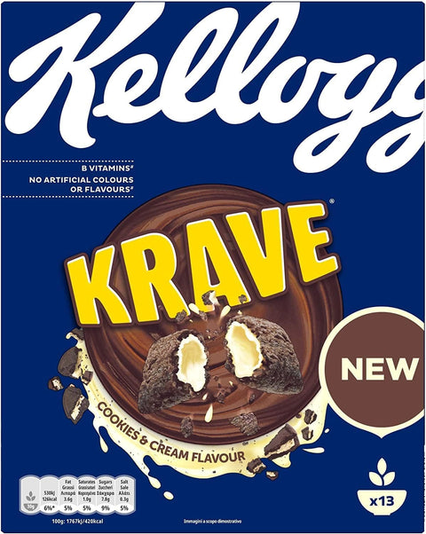 Kellogg's Kaltes Müsli Kellogg's Krave Cookies & Cream Flavour Knusprige Kakao-Cerealien gefüllt mit Creme 5059319016900