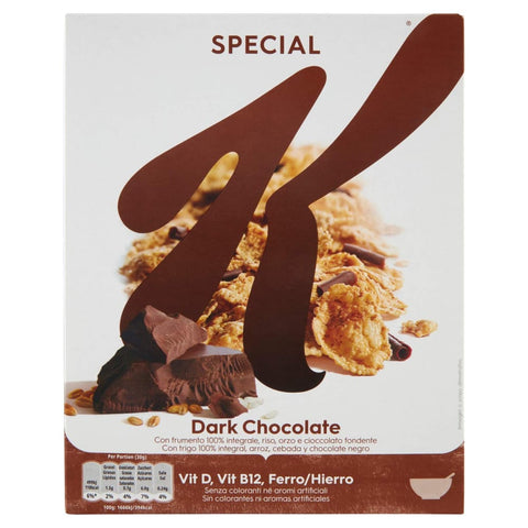 Kellogg's Kaltes Müsli Kellogg's Special K Dark Chocolate Fiocchi di Riso Cereals Dunkle Schokolade Reisflocken Vollkorn Weizen und Gerste mit Vitaminen und Mineralstoffen mit Schokoladenlocken 290 g Getreideflocken italienisch Original 5053827168861